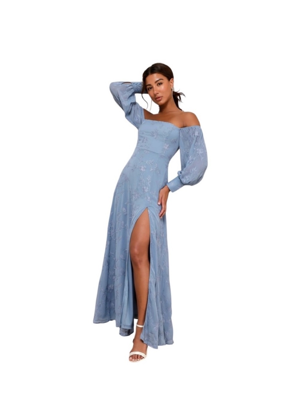 NWT Lulus Feel The Romance Embroidered Off The Shoulder Maxi Dress Blue Medium